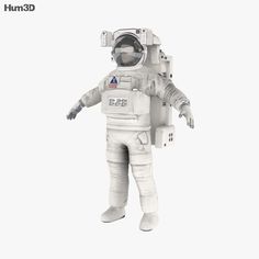 an astronaut is standing in front of a white background with the words hum 3d above it