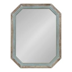 a mirror that is sitting on top of a white wall with a blue border around it