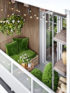 the balcony is decorated with green furniture and potted plants on it's balconies