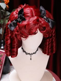 Red Lolita Wig with Roman Curls - Elegant Vintage Witch Double Ponytail for Halloween.  This wig features a Roman curl design with a charming ponytail style and curly bangs that perfectly frame the face. The set includes one wig and two hair clips, offering a complete and stylish look. Victorian Goth Hair, Curly Short Red Hair, Sci Fi Hair, Victorian Curls, Styled Wigs, Weird Hair, Vampire Design, Vampire Hair, Bangs Style