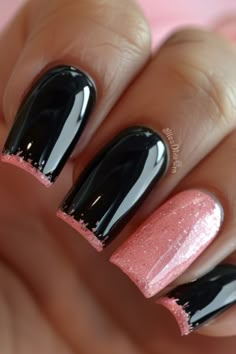 Nail Design Pictures, Nail Ideas For May 2024, Black Nails With Tips, Black Nails With Colored Tips, Black Nails With Pink Tips, Almond Shaped Black Nails, 40th Birthday Nails Design, Pink Nails With Black Design, Black Pink Nails Designs