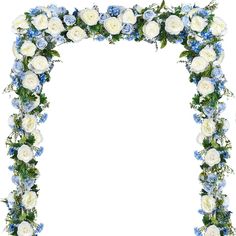 a white and blue flowered arch with greenery