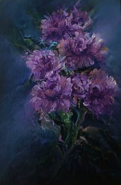 a painting of purple flowers in a vase