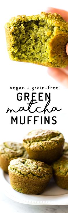 vegan green muffins on a white plate with text overlay