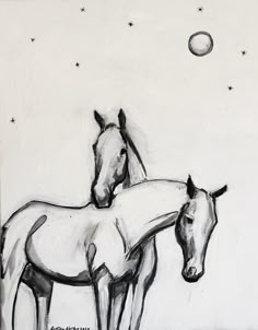 two horses standing next to each other in front of a moon and star filled sky