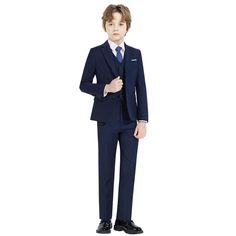 PRICES MAY VARY. HIGHLY RECOMMENDED BOY'S 5 PIECES SUIT SET: Jacket, pants, vest, white shirt and necktie. Pocket square and bow tie are included. POCKEST BUTTONS TIE: The pants and coat have many real usable pockets. The jacket comes with spare buttons. The tie is adjustable, it zips up so gently that your boy won't struggle with it. QUALITY MATERIAL: The vest, jacket and pants are a thick material which don't seem to hold wrinkles. PANTS WITH ADJUSTABLE WAIST: The elastics are in both sides, a Boy Wedding Dress, Kids Suits Boys Wedding, Dark Blue Suit, Festival Costume, Fat Belly, Wedding Dresses For Kids, Bearer Outfit, Baby Fat