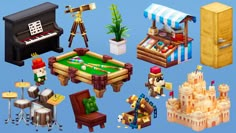 a bunch of different items that are in the shape of a house and pool table