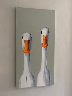 a painting of two ducks with orange beaks