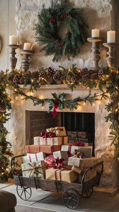 christmas presents are stacked in a wheelbarrow next to a mantel with candles and wreaths