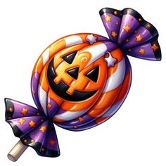 an orange and purple lollipop with a jack - o'- lantern on it