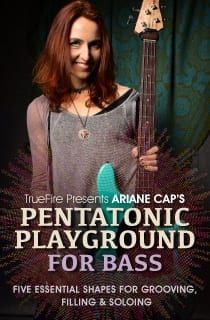 a woman holding a guitar in front of a black background with the words pentatonic playground for bass