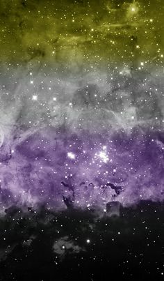 an image of the sky with stars and clouds in purple, yellow and green colors