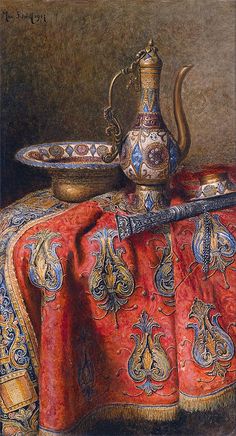 a painting of a tea pot and plate on a tablecloth with a cloth draped over it