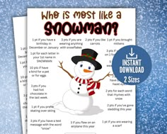 Make your Winter celebration more fun with this Who is Most Like an Snowman game! Perfect for all ages.  This comes with an option to print 2 per page to save paper. This is a digital download. Print as many times as you need! Hit that ♥︎ to Favorite this Game! You may also enjoy my Winter Game Bundle (16 games in 1) https://www.etsy.com/TheFlooringGirl/listing/1624397178 And, my winter 5 Second Game https://www.etsy.com/TheFlooringGirl/listing/1628707237 To Use: - Download your game from your E Winter Games For Adults, Winter Festival Games, Winter Trivia, Winter Party Games, Snowman Games, Fun Family Christmas Games, Kids Church Lessons, Winter Celebration, Snowman Snow