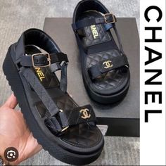 Guaranteed Authentic. Purchased Three Months Ago From Chanel Boutique In Las Vegas. I Feel Like These Are A Little On The Small Side. I Usually Wear An 8 1/2 And Technically The 39.5 Is A Size 9. Chanel Party, Chanel Boutique, Double Strap Sandals, Chanel Casual, Chanel Sandals, Party Style, Platform Wedge Sandals, Formal Style, Casual Street Style