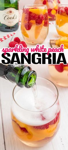 the sanggraa is being poured into a glass with ice and strawberries in it