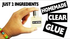 someone is holding a bottle of homemade clear glue in their hand with the words just 2 ingredients