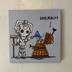 a painting on the wall with a robot holding a blue flag next to a daley