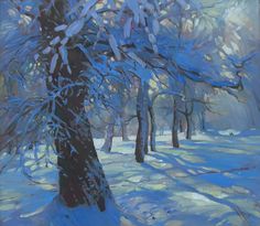 a painting of snow covered trees in the woods