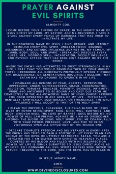 the back cover of prayer against evil spirits, which is written in blue and green