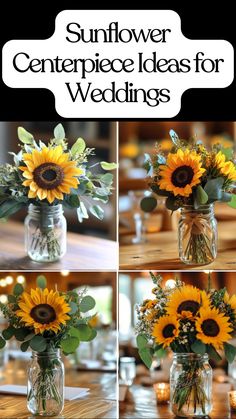 A rustic sunflower centerpiece in a mason jar with greenery, perfect for weddings or events, adding a touch of warmth and charm to the table decor. Fall Flower Arrangements Sunflowers, Easy Sunflower Centerpieces, Rustic Wedding Decor Sunflowers, Sunflower Bride Bouquets, Rustic Wedding Decor Summer, Sunflower And Rose Wedding Decorations, Simple Sunflower Centerpieces, Sunflower Wedding Theme Rustic, Fall Wedding With Sunflowers