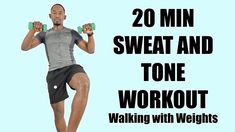 a man holding two green dumbs while standing in front of a blue background with the words 20 min sweat and tone workout