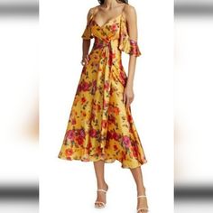 New Never Worn Color: Marigold (Mustard Yellow). Large Scale Florals In A Painterly Finish Highlight This Slinky Midi Dress. Ruffle Cold-Shoulder Sleeves. Surplice Neck. Concealed Back Zipper. Label Is Missing Pit To Pit 21.5 " Waist 18 " Length 52 " Spring Gold A-line Midi Dress, Gold Knee-length Summer Dress, Gold Midi Dress For Summer Formal Events, Yellow Floral Print Silk Dress, Gold A-line Midi Dress For Spring, Yellow Silk Dress For Garden Party, Gold Knee-length Midi Dress For Summer, Yellow Floral Print Midi Dress For Cocktail, Gold Floral Print Maxi Dress