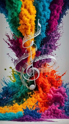 an abstract painting with music notes and colors in the background, as if it were made out of colored powder