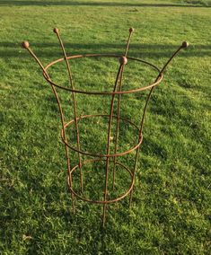 a metal stand with three balls on it in the grass near a field and trees