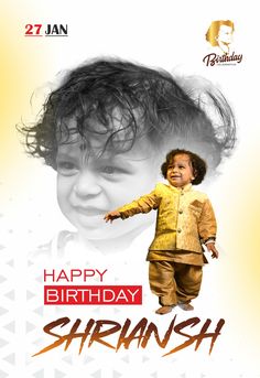 a happy birthday card with an image of a child in yellow and brown clothes, holding his hand out to the side