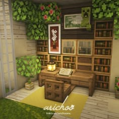 a living room filled with lots of furniture and bookshelves covered in green plants