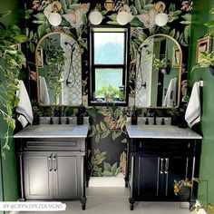 a bathroom with two sinks, mirrors and plants on the wall above them is shown