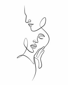 a line drawing of a woman's face with her hand on her cheek, looking down