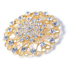 DecoStar At nearly 4" in diameter, our JUMBO round ornate diamond-studded brooch in gold is designed to amaze. If you're looking for a real 'wow factor' this brooch is exactly what your event needs. Tip: If you are a professional decorator and plan to use these often, we suggest using a corsage pin (you can get them from floral supply companies) to attach. This makes attaching much faster and is easier on the fabric you're pinning them to. DecoStar Professional Decor Products - Learn More at www Corsage Pins, Professional Decor, Wow Factor, Floral Supplies, Diamond Studs, Diamond Bracelet, Floral, Fabric, Gold