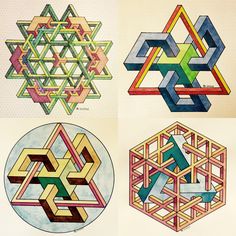 four different colored geometric designs on paper