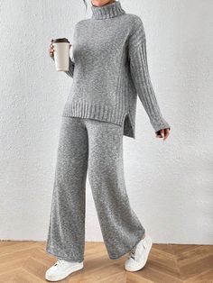 2pcs/Set Casual Turtleneck Sweater & Pants Set, Autumn/Winter Grey Casual    Plain Pants Slight Stretch  Women Clothing, size features are:Bust: ,Length: ,Sleeve Length: Sophisticated Office, Casual Turtleneck, Plain Pants, Butterfly Blouse, Elegant Maxi Dress, Romantic Date, Hem Sweater, Winter Color, Floral Midi Skirt