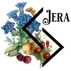 the logo for jera is shown with flowers and fruit on it's side