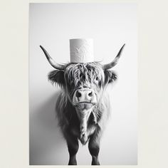 a black and white photo of a bull with a hat on it's head