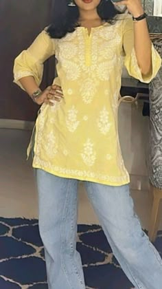 Kurti With Jeans, Chikankari Embroidery, Trendy Outfits Indian, Fest Outfits, Kurta Design