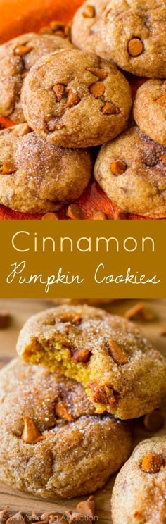 cinnamon pumpkin cookies stacked on top of each other with the title overlaying it