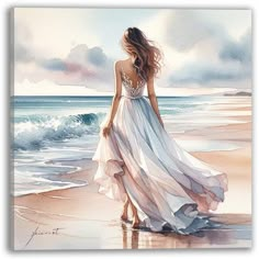 a painting of a woman in a white dress on the beach looking out at the ocean