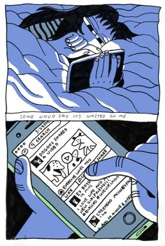 a comic strip showing someone reading in bed with their cell phone and writing on the paper