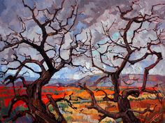 an oil painting of a tree in the desert