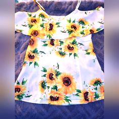 Brand New Off The Shoulder Sunflower Shirt Size Large Never Worn No Holes Rips Or Stains Smoke Free Home Kinda Stretchy Material Loose Fitting Cute Yellow Fitted Blouse, Cute Yellow Spring Blouse, Yellow Printed Blouse For Summer, Vacation Sleeveless Tops With Lemon Print, Sleeveless Tops With Lemon Print For Vacation, Lemon Print Summer Tops, Cute Yellow Summer Tops, Summer Tops With Lemon Print For Vacation, Summer Lemon Print Tops For Vacation