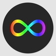 an infinite sign on a black circle sticker with the colors of rainbow and blue