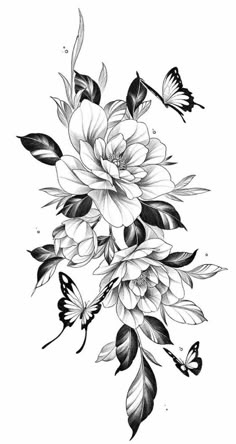 black and white flowers with butterflies flying around