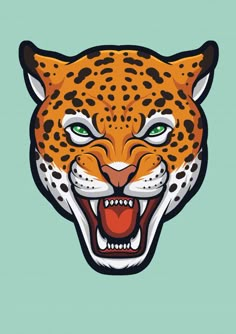 an orange and black leopard's head with green eyes on a light blue background