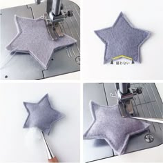 four pictures showing how to sew a star ornament with the sewing machine