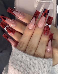 Nail Ideas Acrylic Baddie, Latina Aesthetic Nails, Nails Acrylicy2k, Miguel O'hara Nails, Really Cool Nails, Y2k Nails Spiderman, Long Nails Inspiration Art Designs, Nails Acrylic Designs Red, Chula Nails