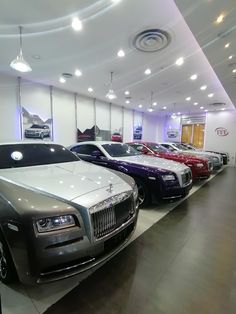 a bunch of cars are lined up in a showroom